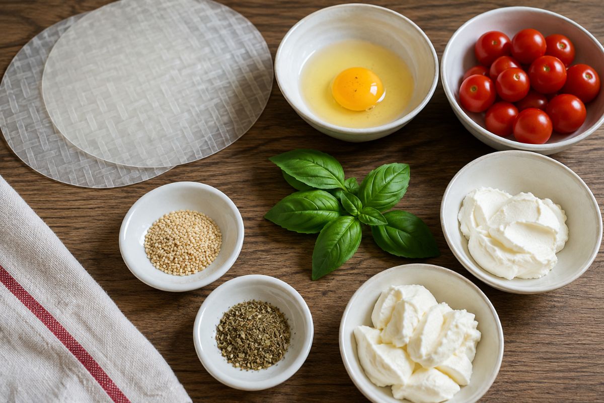 Pizza di carta di riso con pomodorini e mozzarella light ingredienti Pizza di carta di riso con pomodorini e mozzarella light, ingredienti