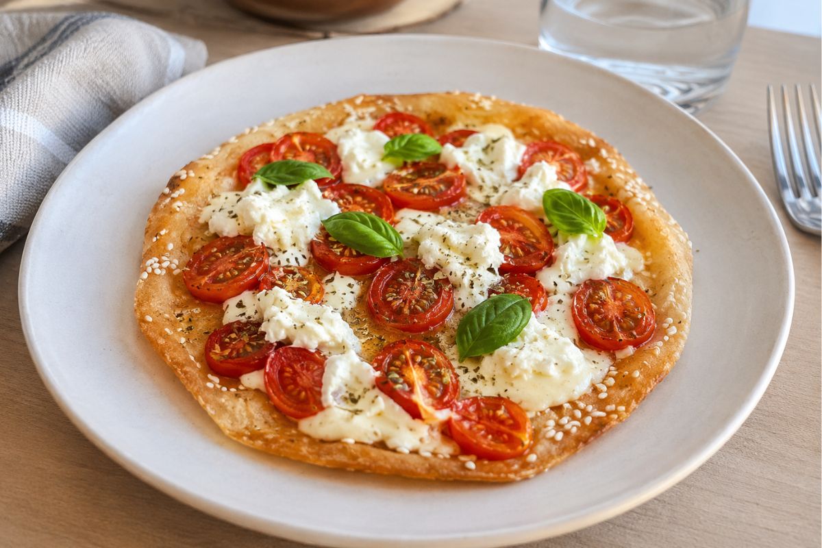 Pizza di carta di riso con pomodorini e mozzarella light
