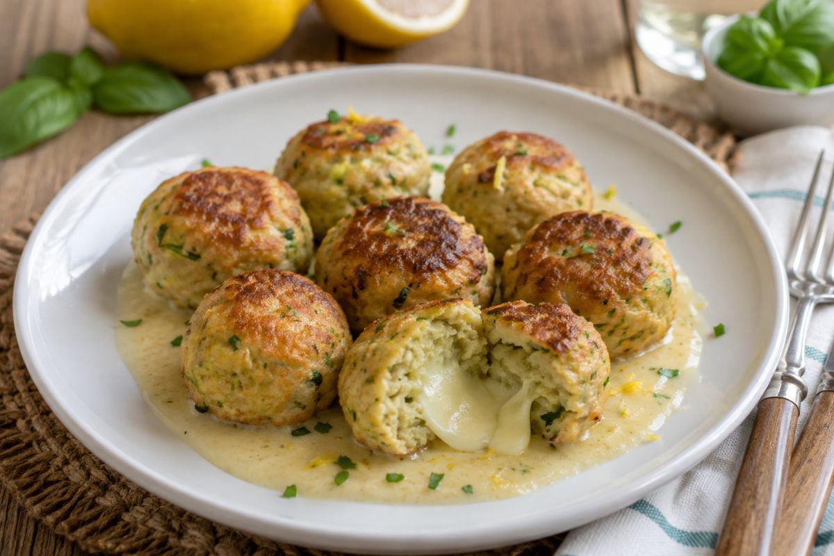 Polpette di zucchine con cuore di scamorza e crema al limone