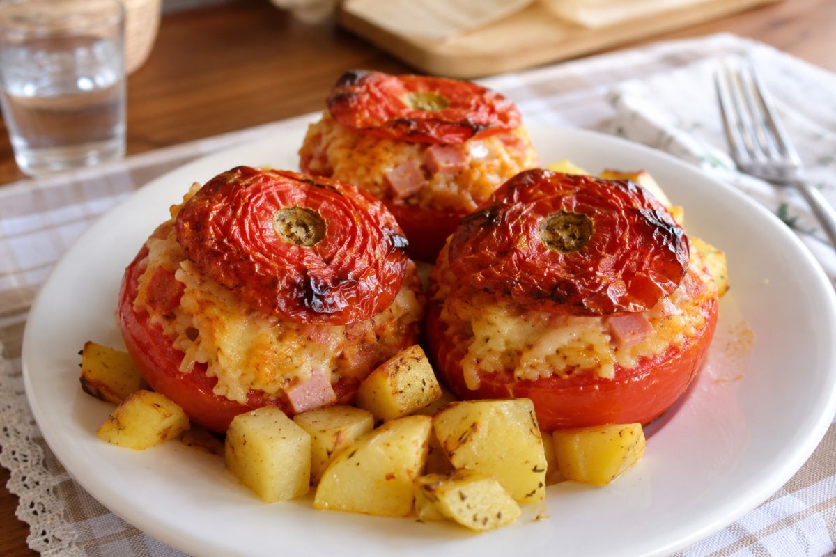 Pomodori ripieni di riso al curry, patate e prosciutto con il Bimby