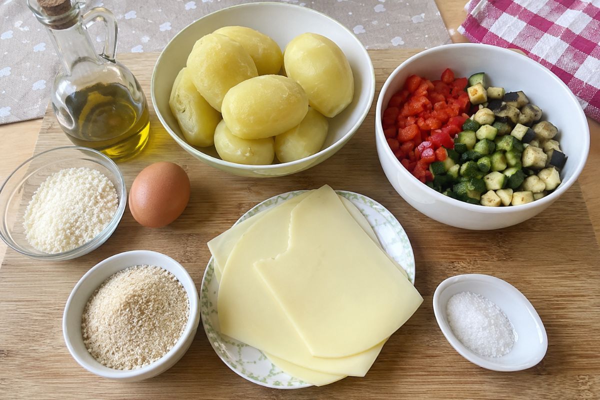 Sformato di patate e verdure con cuore filante ingredienti Sformato di patate e verdure con cuore filante, ingredienti