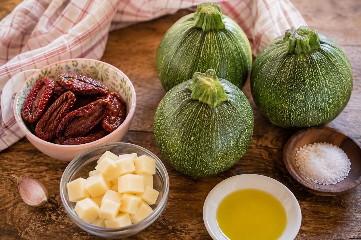 Zucchine tonde ripiene con pomodorini secchi e formaggio filante ingredienti Zucchine tonde ripiene con pomodorini secchi e formaggio filante, ingredienti