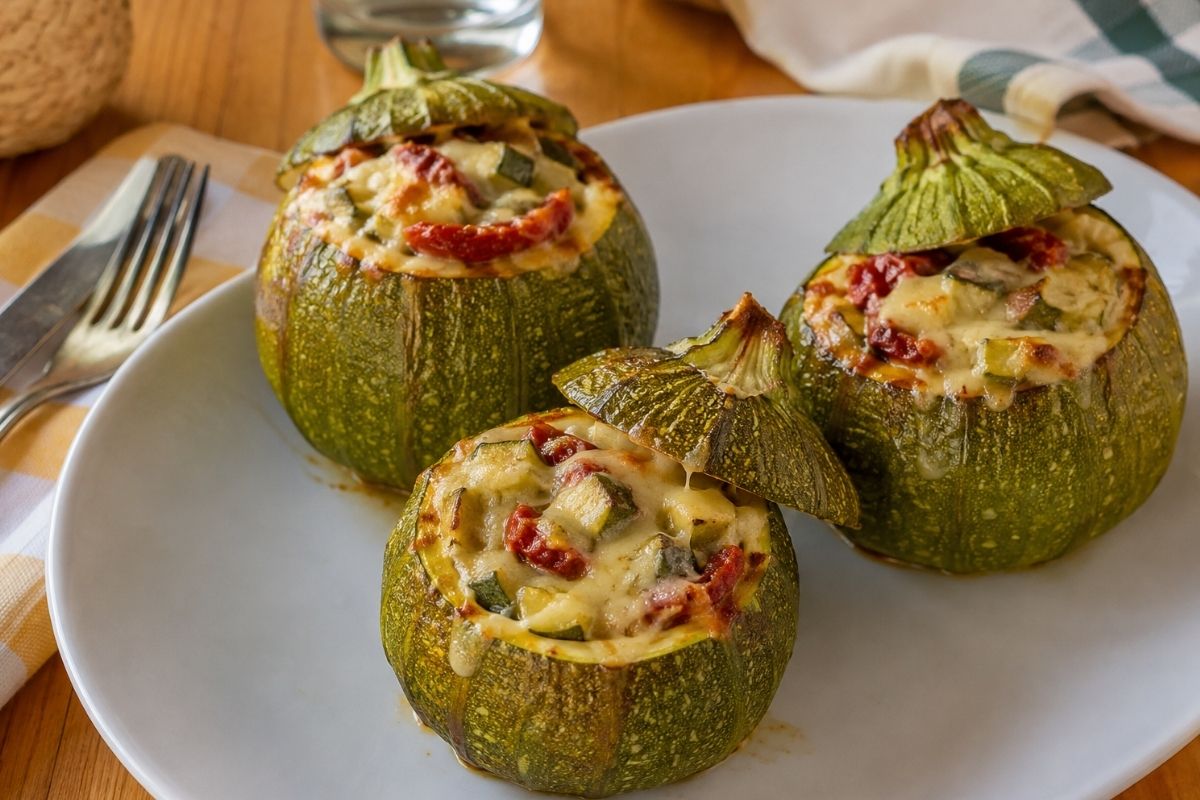 Zucchine tonde ripiene con pomodorini secchi e formaggio filante