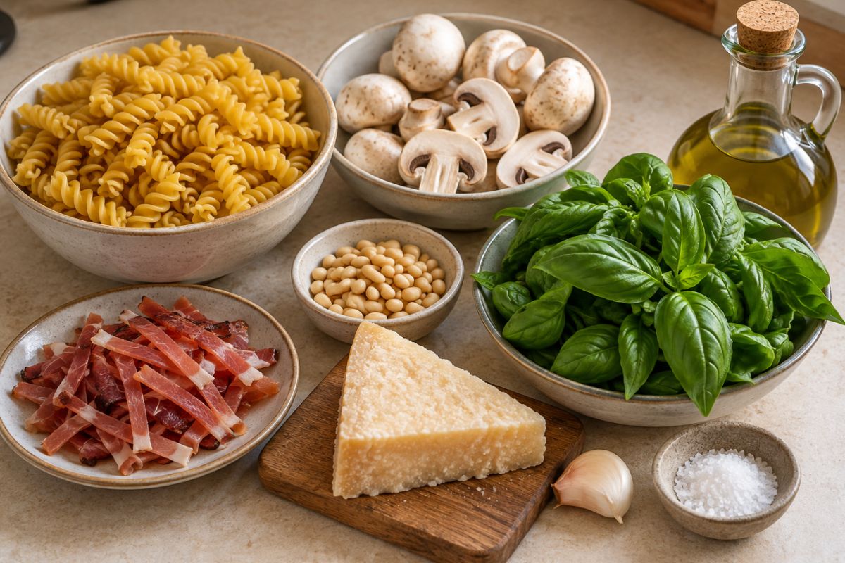 Fusilli pesto, speck e funghi con il Bimby, ingredienti