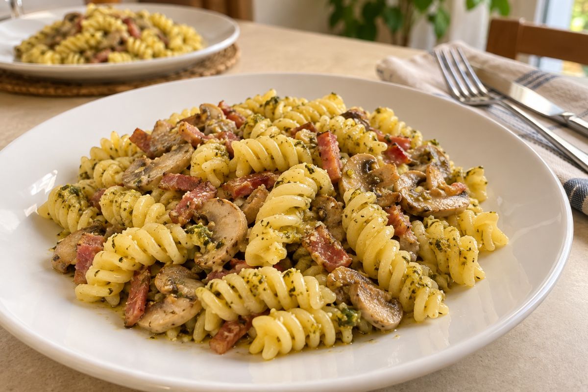 Fusilli pesto, speck e funghi con il Bimby