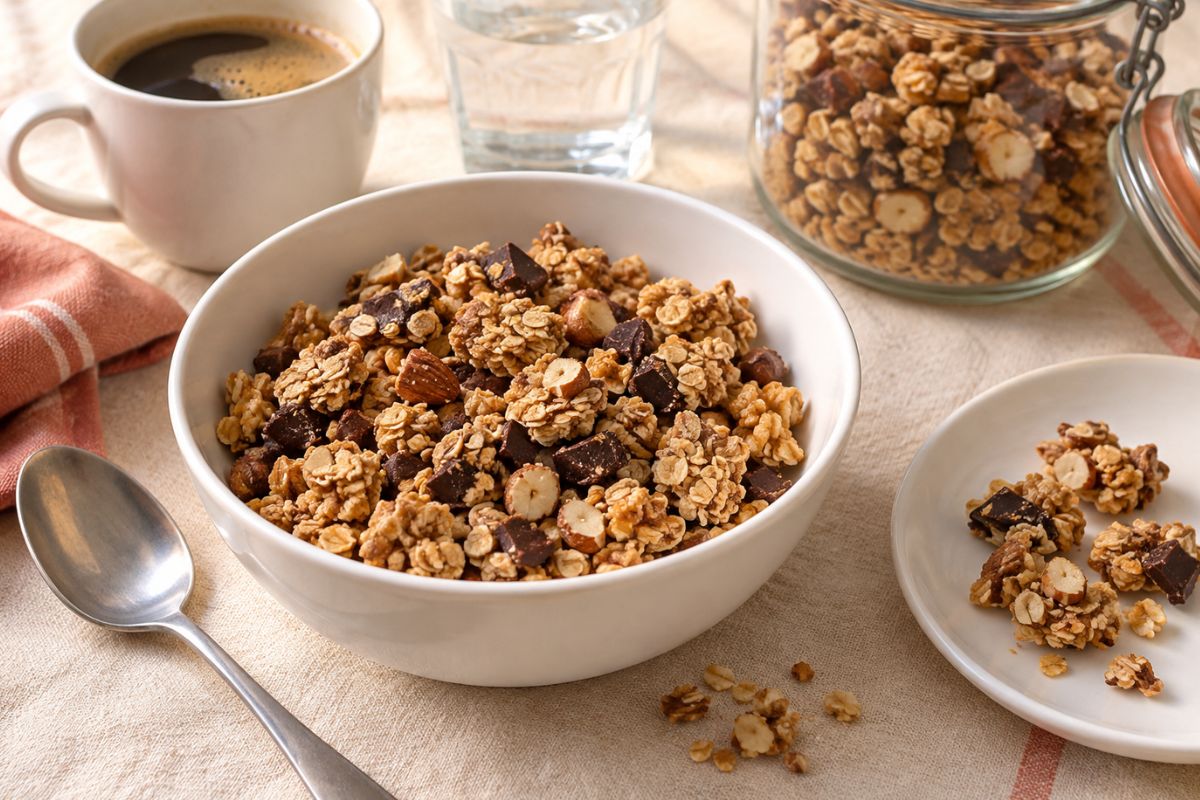 Granola con avena, frutta secca e cioccolato