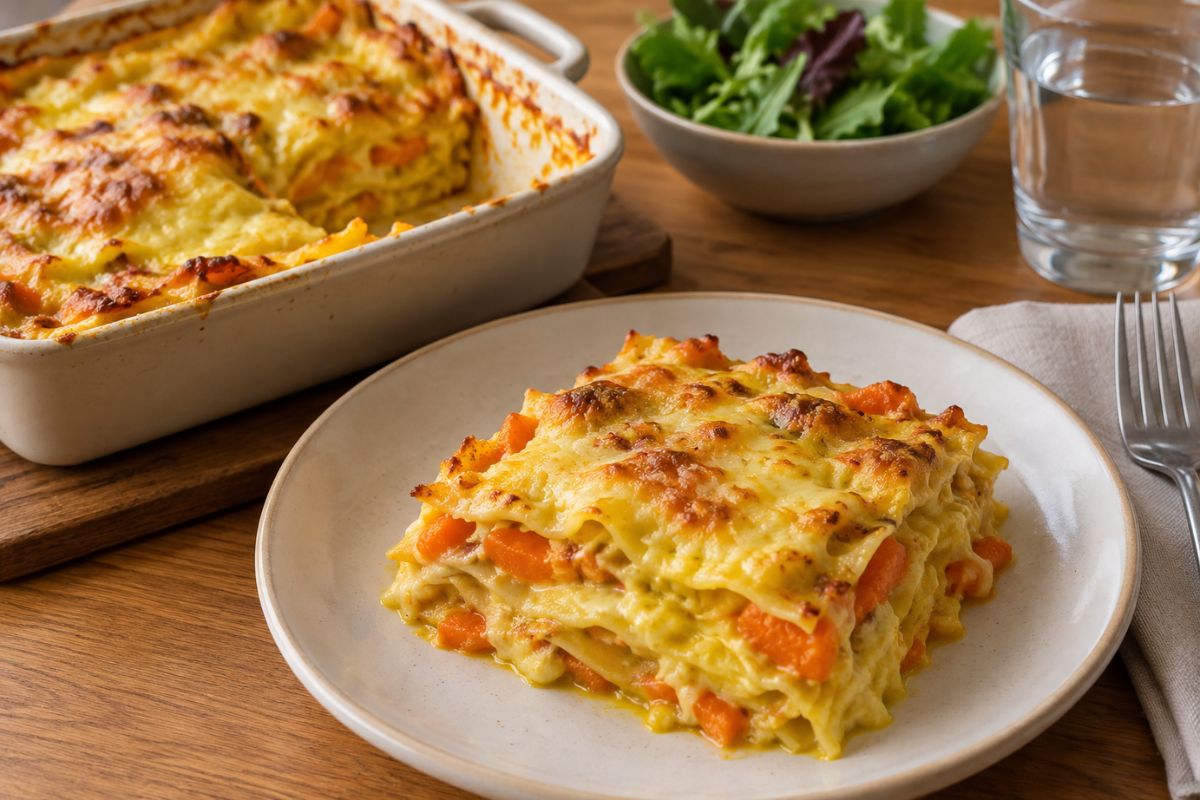 Lasagna con carote e besciamella allo zafferano in friggitrice ad aria