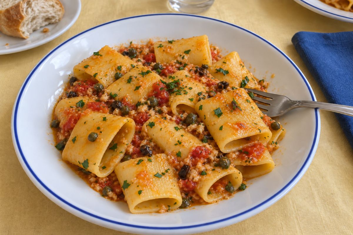 Paccheri con pesce spada ciliegini e olive con il Bimby ingredienti