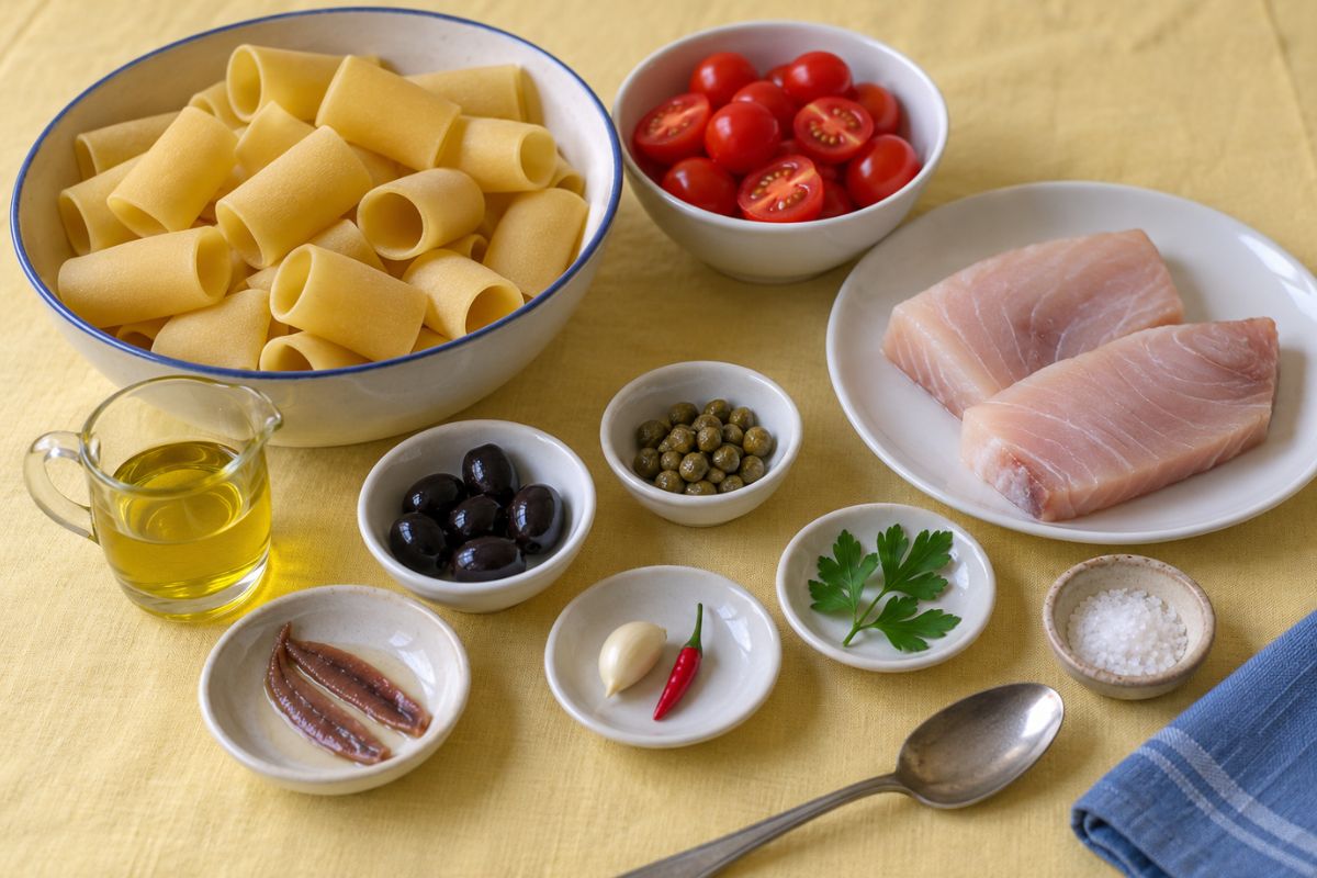 Paccheri con pesce spada, ciliegini e olive con il Bimby