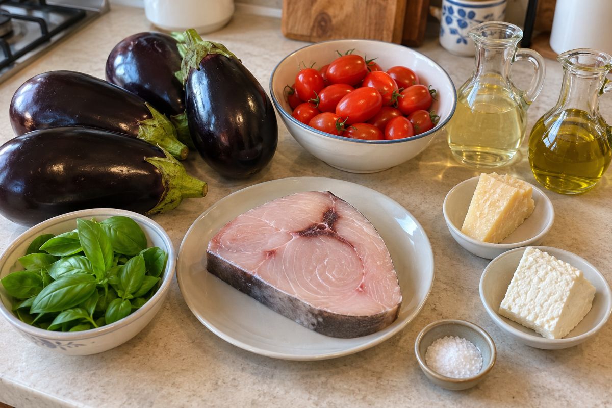 Parmigiana di melanzane e pesce spada in friggitrice ad aria ingredienti Parmigiana di melanzane e pesce spada in friggitrice ad aria, ingredienti