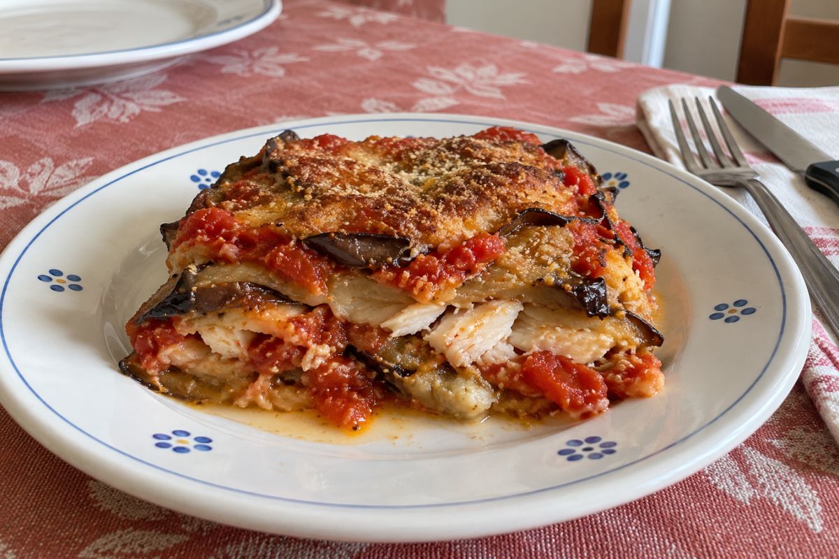 Parmigiana di melanzane e pesce spada in friggitrice ad aria