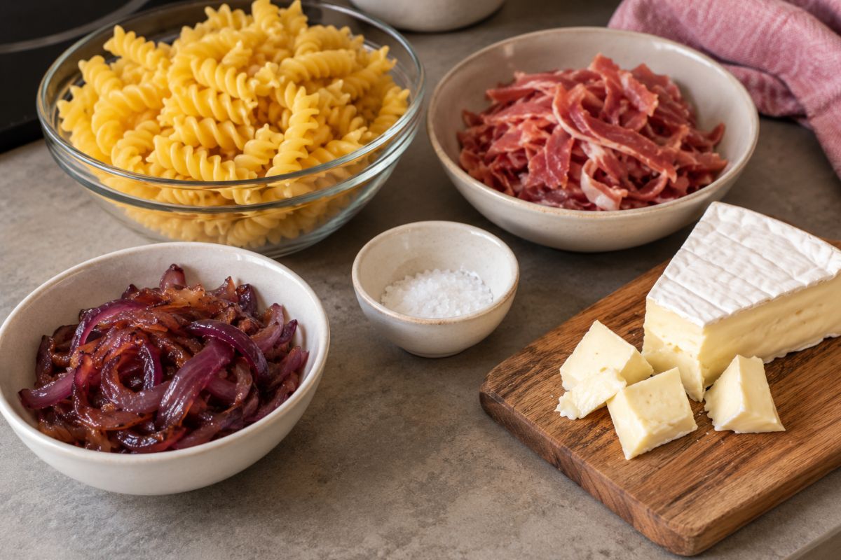 Pasta con Brie speck e cipolla caramellata ingredienti Pasta con Brie, speck e cipolla caramellata, ingredienti