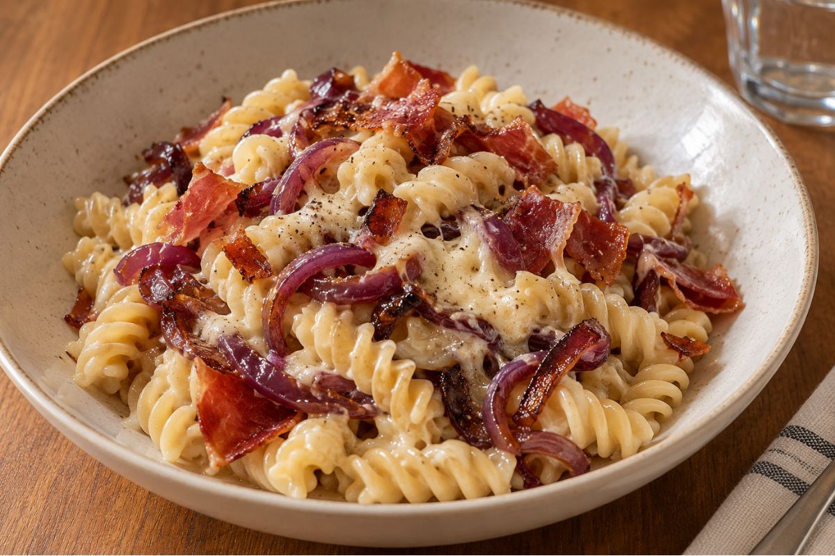 Pasta con Brie, speck e cipolla caramellata