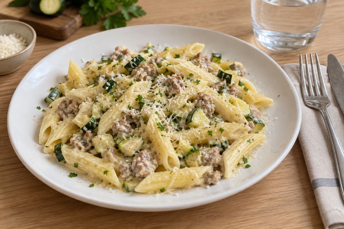 Penne con salsiccia, zucchine e panna con il Bimby