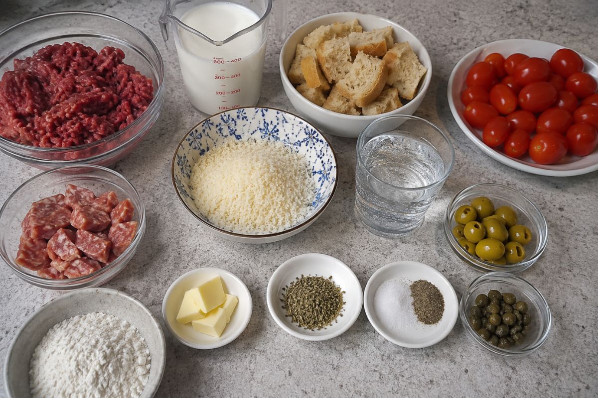 Polpette alla mediterranea con pomodorini olive e capperi ingredienti Polpette alla mediterranea con pomodorini, olive e capperi, ingredienti