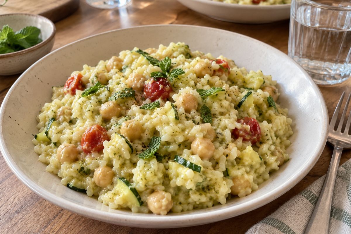 Riso con ceci, zucchine e crema alla menta