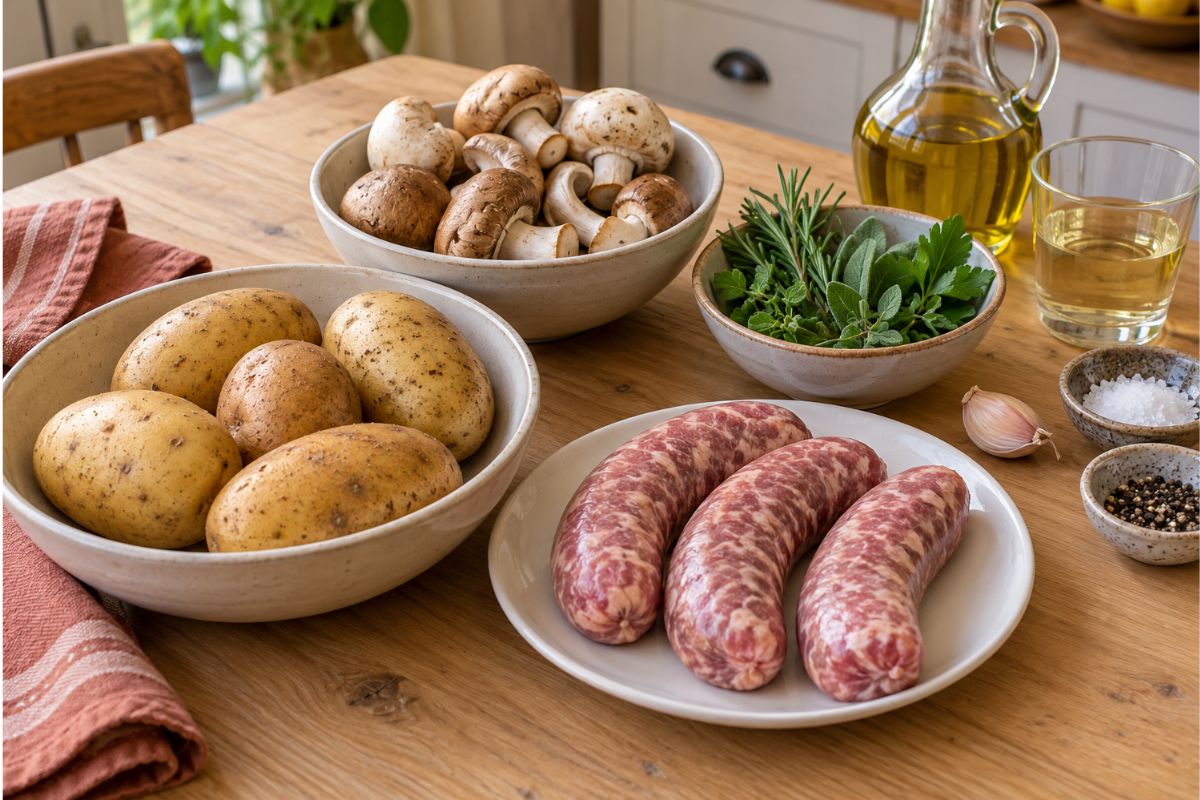 Salsiccia, patate e funghi in friggitrice ad aria, ingredienti