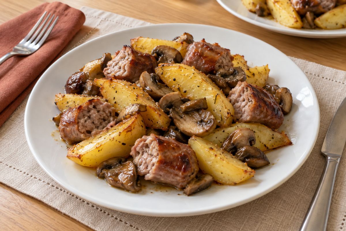 Salsiccia, patate e funghi in friggitrice ad aria