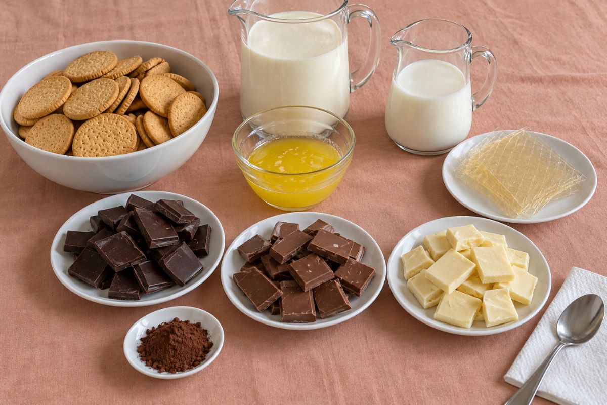 Torta fredda ai tre cioccolati ingredienti Torta fredda ai tre cioccolati, ingredienti