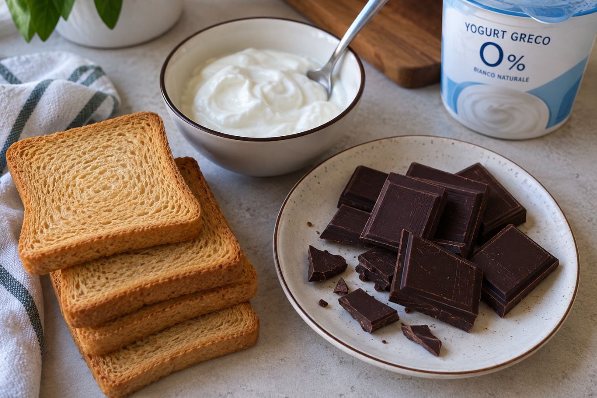 Wafer veloci con fette biscottate yogurt e cioccolato ingredienti Wafer veloci con fette biscottate, yogurt e cioccolato, ingredienti