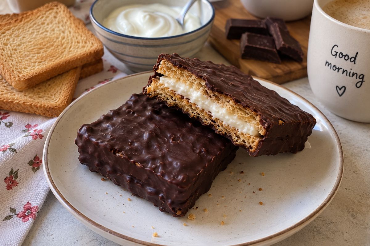 Wafer veloci con fette biscottate, yogurt e cioccolato