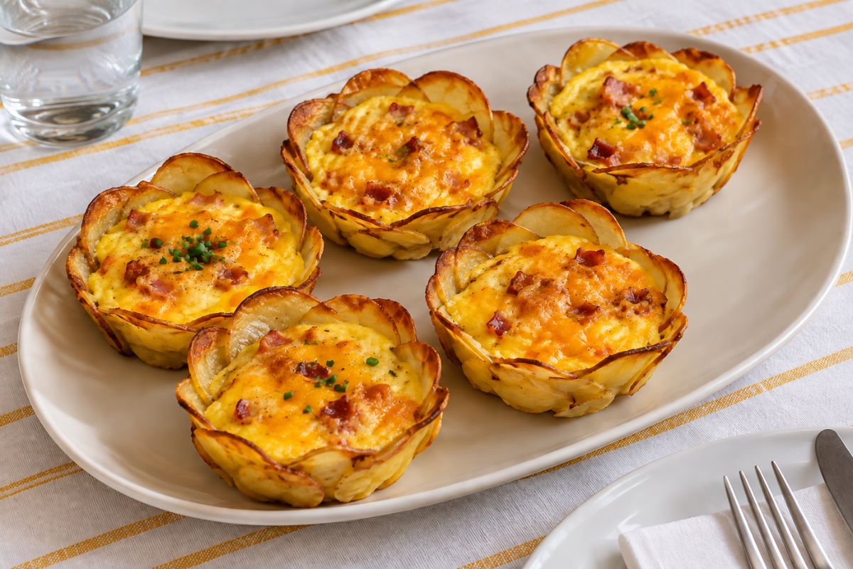 Cestini di patate con uova pancetta e cheddar