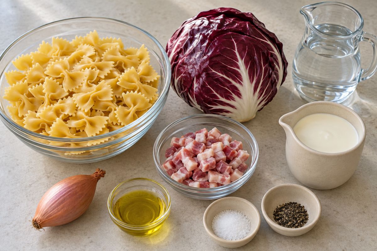 Farfalle radicchio e pancetta con il Bimby ingredienti Farfalle radicchio e pancetta con il Bimby, ingredienti