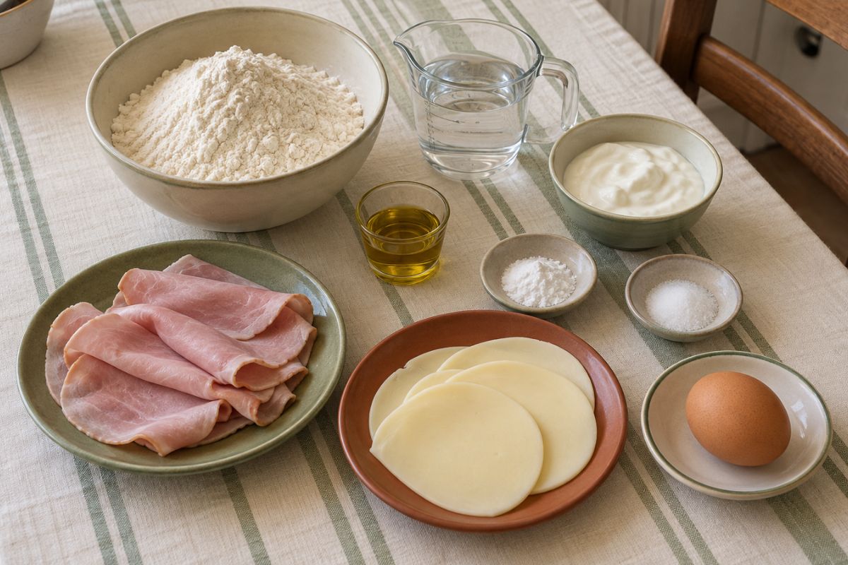 Focaccia morbida ripiena con prosciutto e formaggio, ingredienti