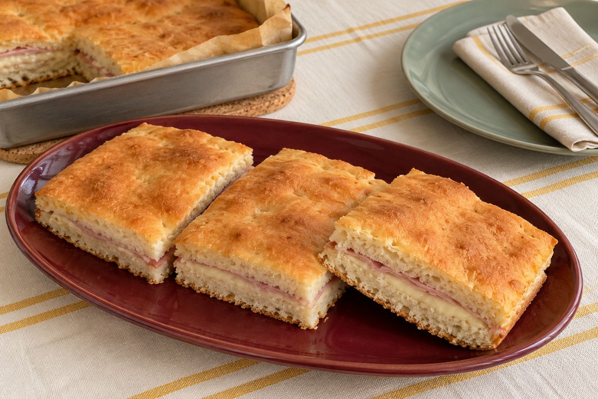 Focaccia morbida ripiena con prosciutto e formaggio