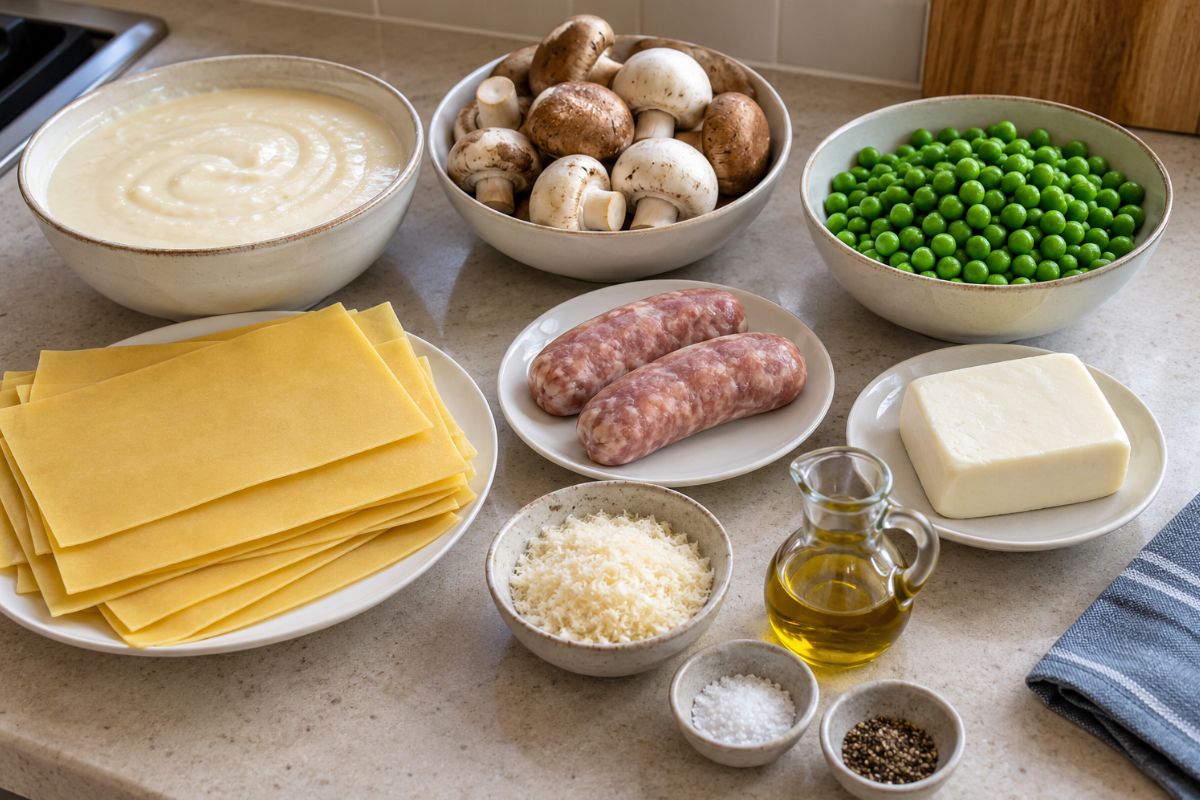Lasagne salsiccia funghi e piselli ingredienti Lasagne salsiccia, funghi e piselli, ingredienti