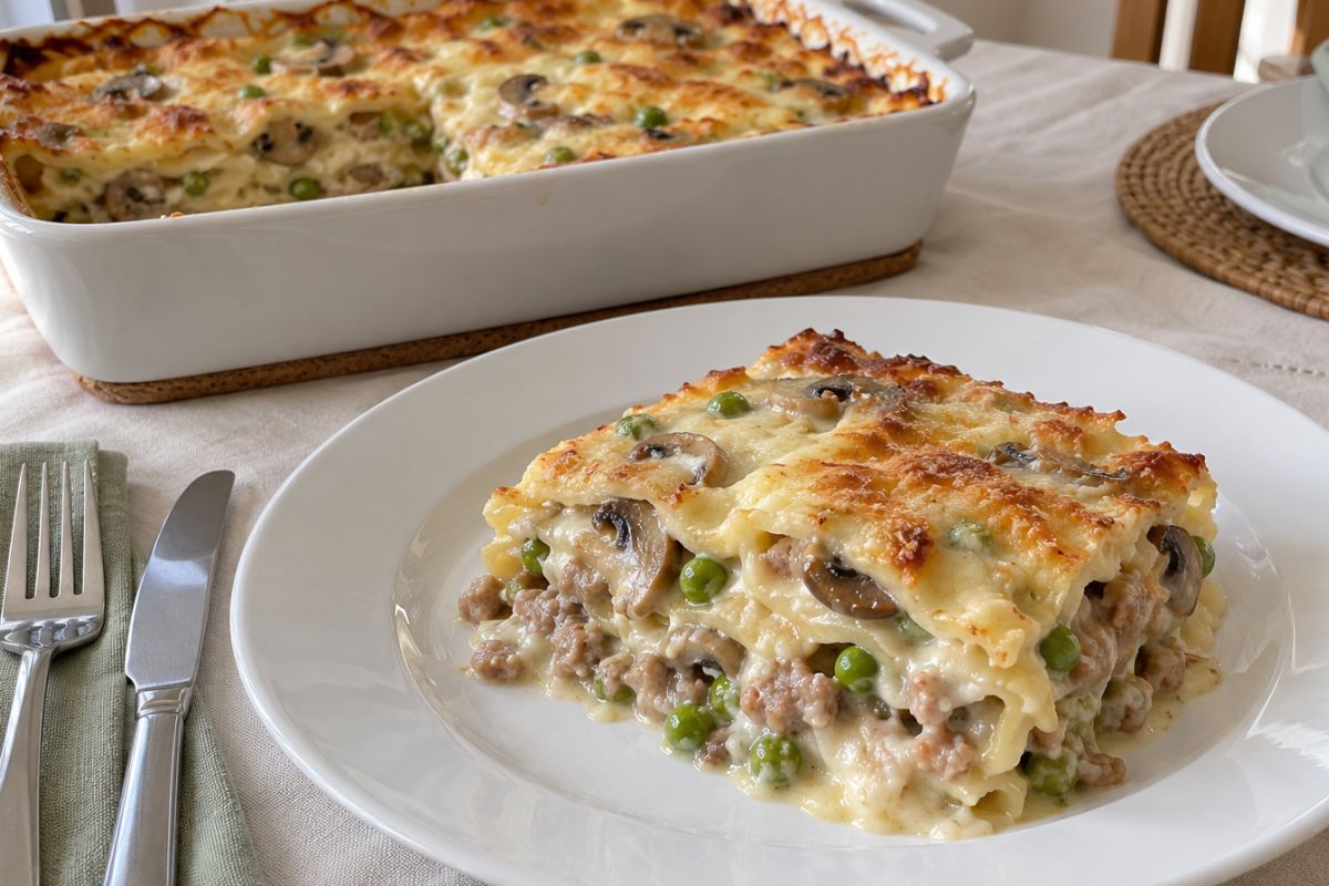 Lasagne salsiccia, funghi e piselli