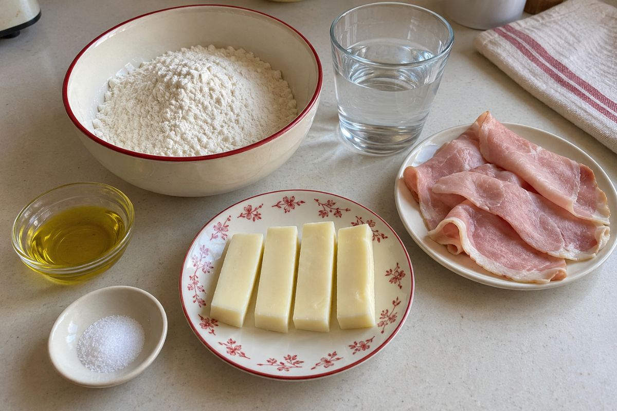 Lingue di focaccia in padella con prosciutto e formaggio ingredienti Lingue di focaccia in padella con prosciutto e formaggio, ingredienti