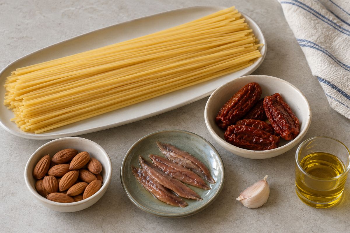 Pasta con pomodori secchi mandorle e alici con il Bimby ingredienti Pasta con pomodori secchi, mandorle e alici con il Bimby, ingredienti