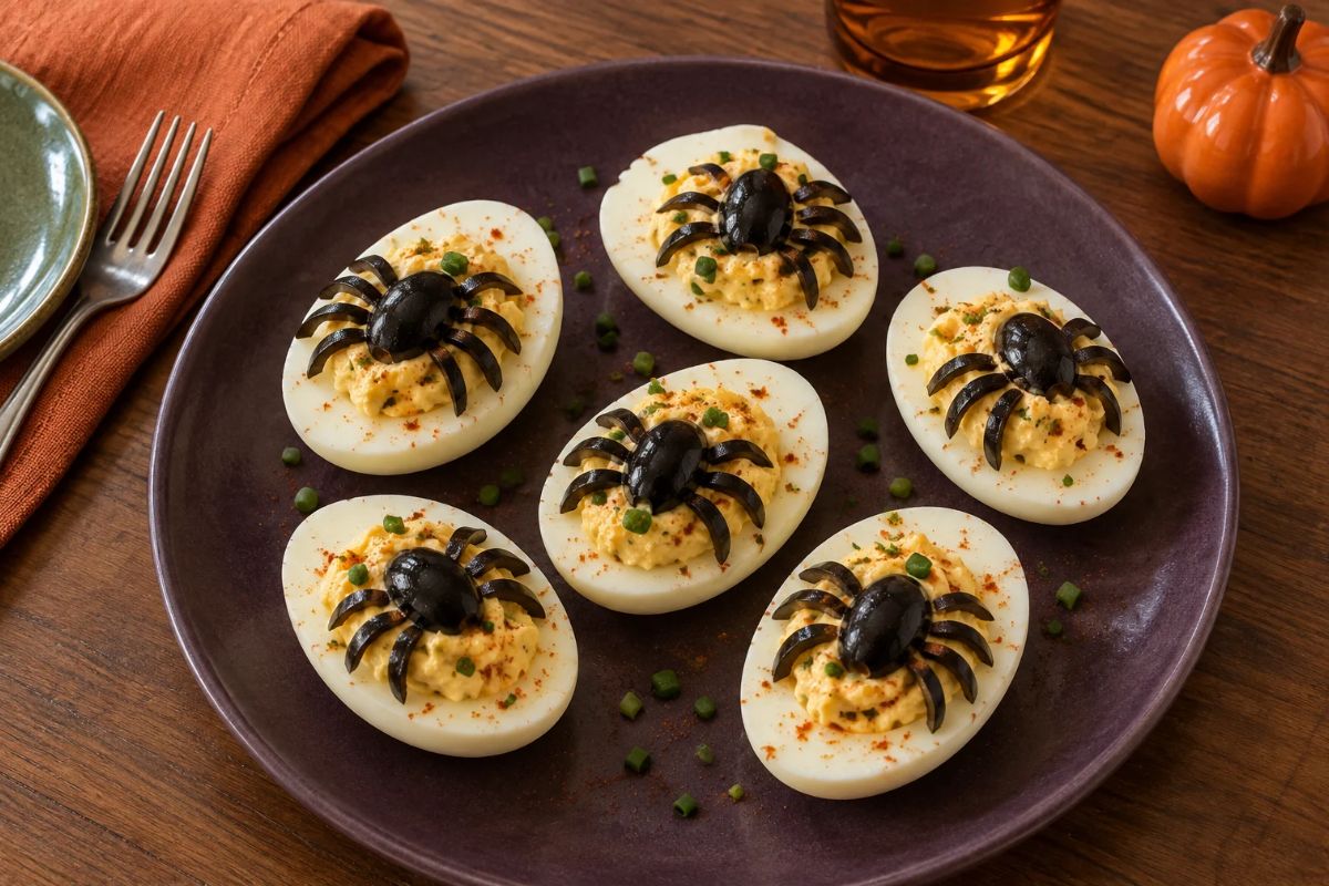 Uova ripiene di Halloween con ragnetti di olive nere