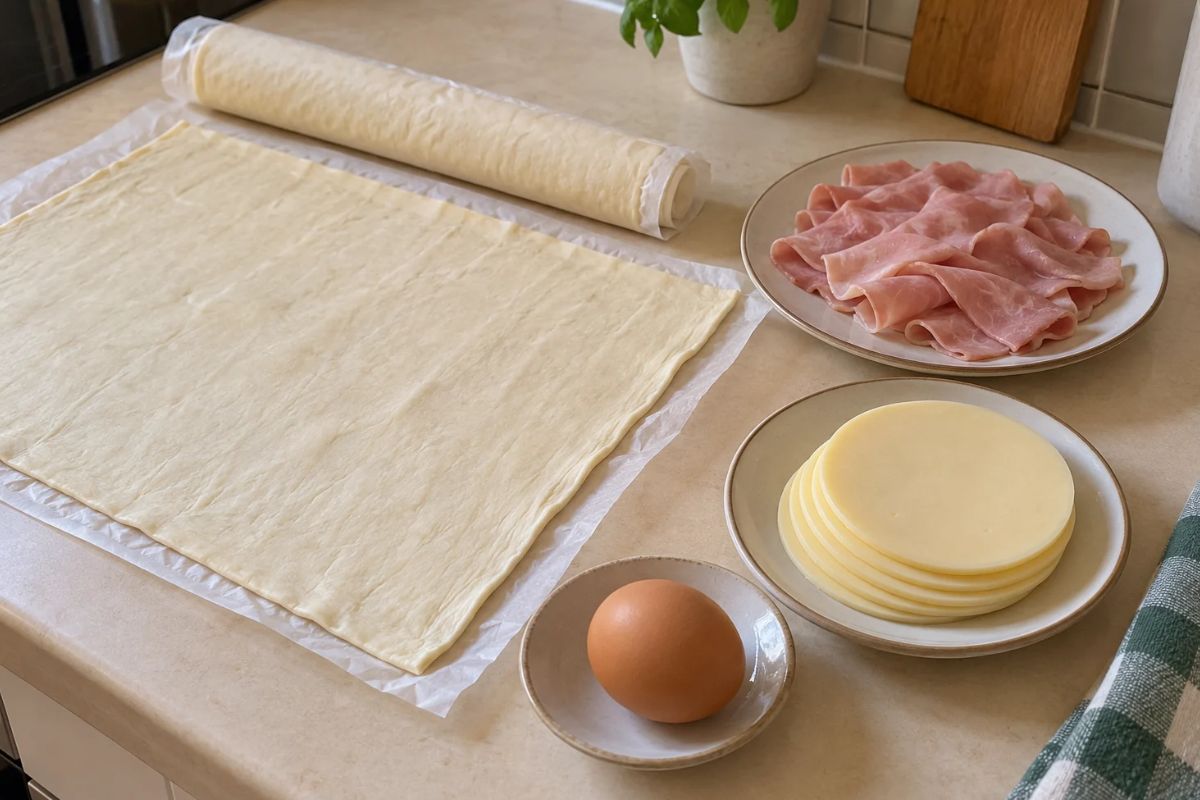 Zucchette di pasta sfoglia ripiene di prosciutto e formaggio, ingredienti